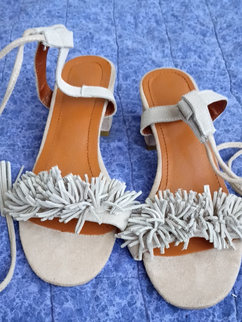 Women’s Fringe Strap Sandals in Light Beige - Comfort Heel